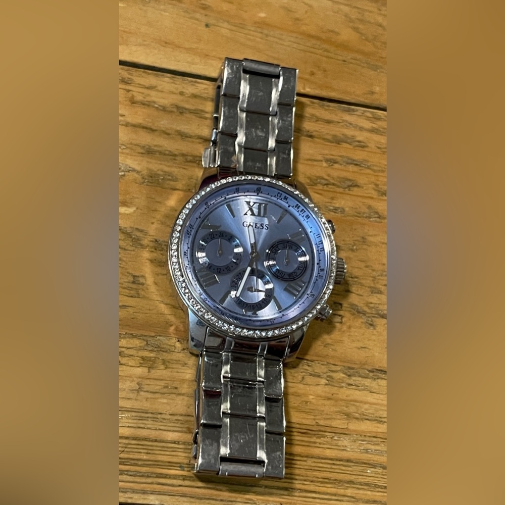 Guess Metallic Silver Chronograph Watch, Size 6 in. Length